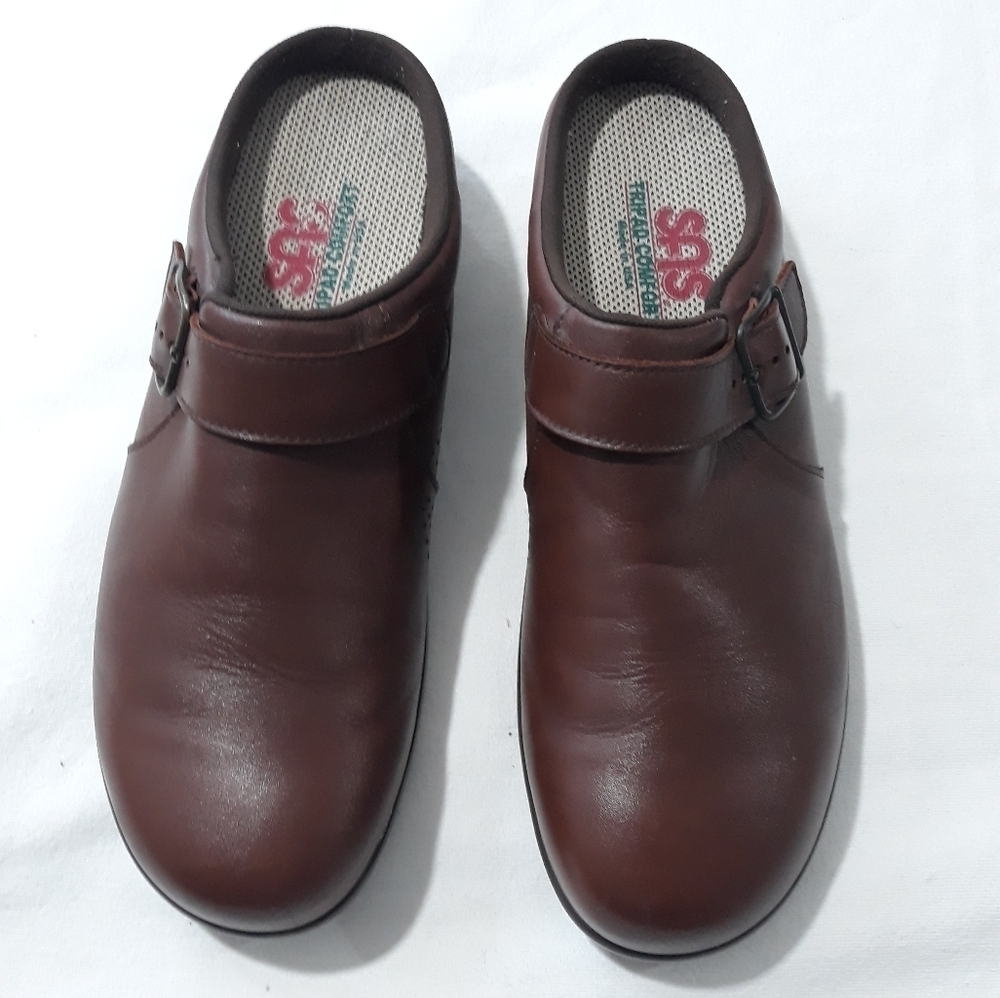 SAS San Antonio Shoemaker Leather Slip On Brown Shoes Bukle Clogs Size 10 1/2 M - Picture 1 of 13